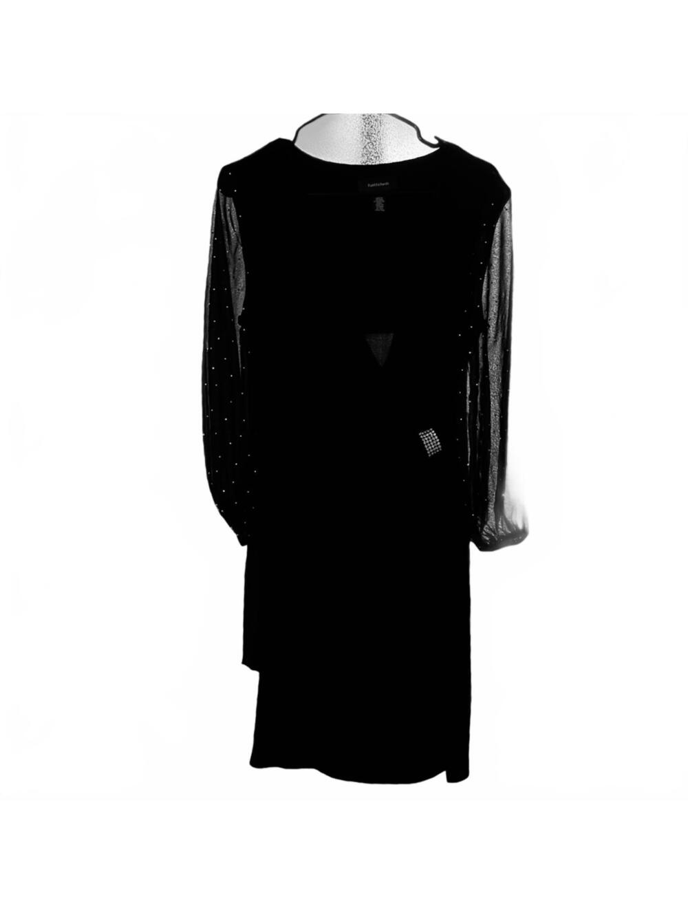 R&M Richards Black Evening Dress with Sheer Sleeves and Rhinestone Detail